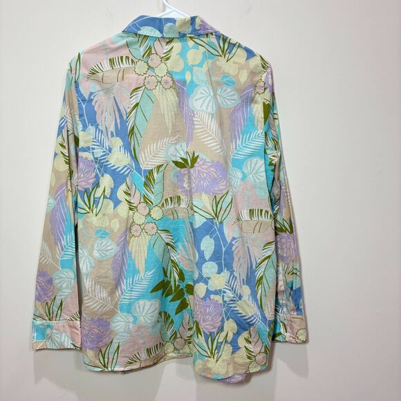 Talbots Green Blue Floral Button Up Top Women L Cotton Lightweight Tropical - Picture 5 of 8